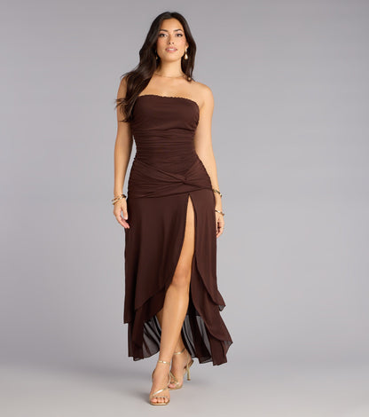 Chic Drama Strapless High Slit Ruffle Maxi Dress