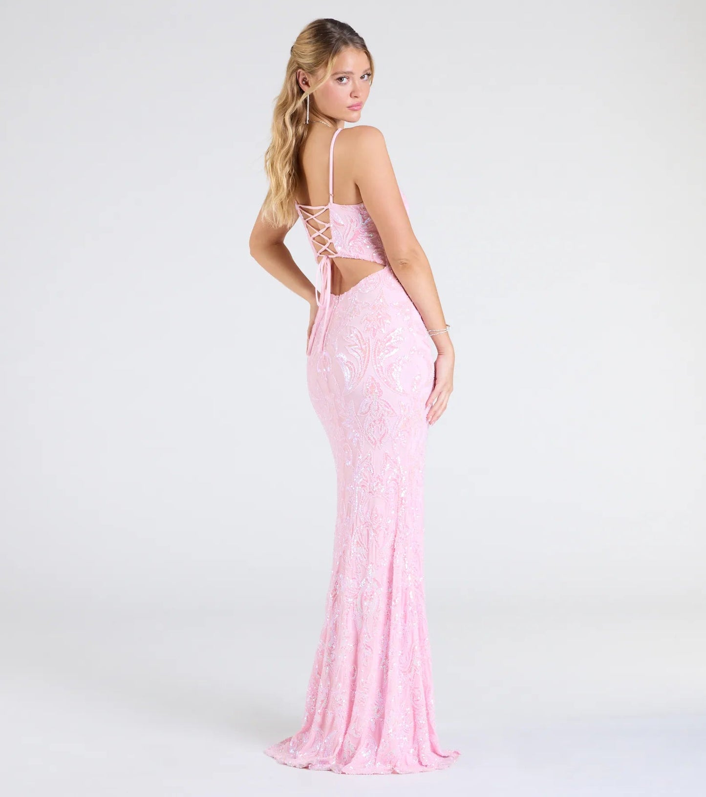 Tarna Lace-Up Bead Sequin Mermaid Formal Dress
